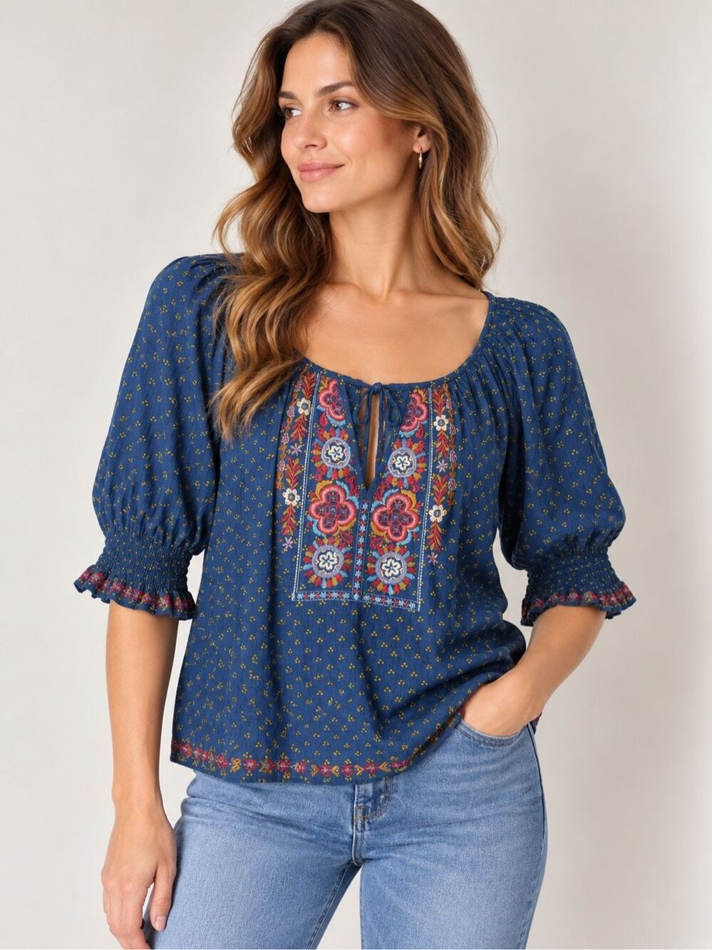Natural Life April Embroidered Blouse Size Medium Drawn Dots Navy Blue Floral